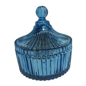 Blue Mercury Glass Lidded Jar Candy Bowl Sawtooth Covered Trinket 6” x 7"
